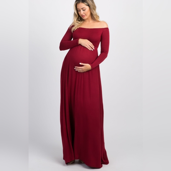 PinkBlush Burgundy Solid Off Shoulder Maternity Maxi Dress - Sz Small - Picture 2 of 5